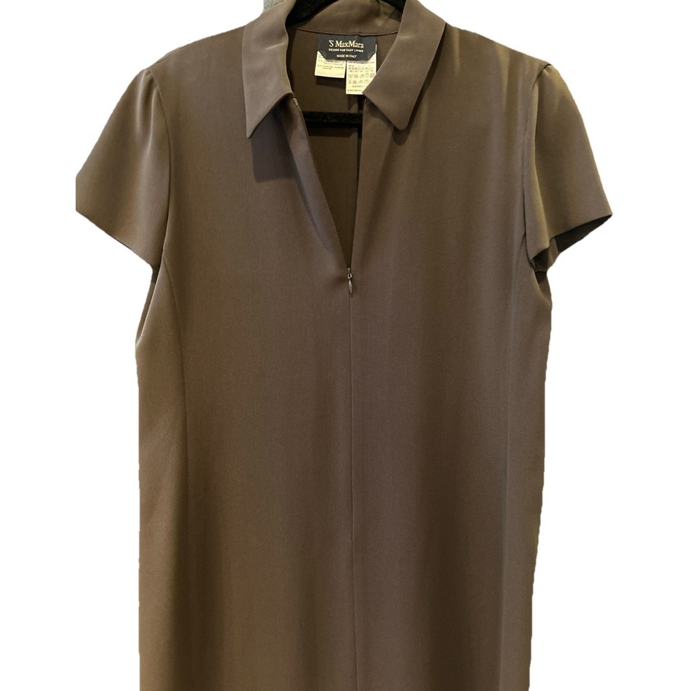 MaxMara Brown Green  Short-Sleeve Collared Shift Dress Minimalist Luxury 10